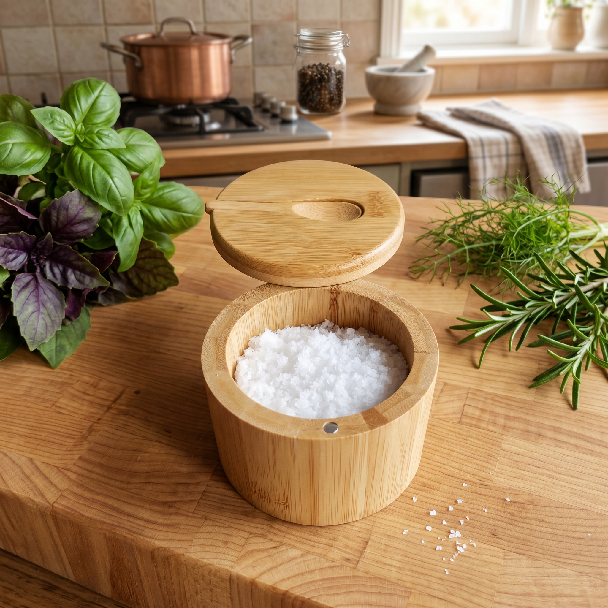Wooden Salt Cellar & Seasoning Storage Pot