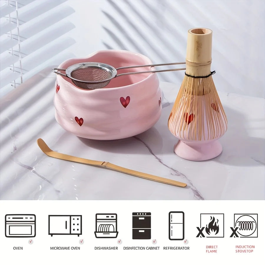 5-Piece Pink Hearts Ceramic Matcha Set