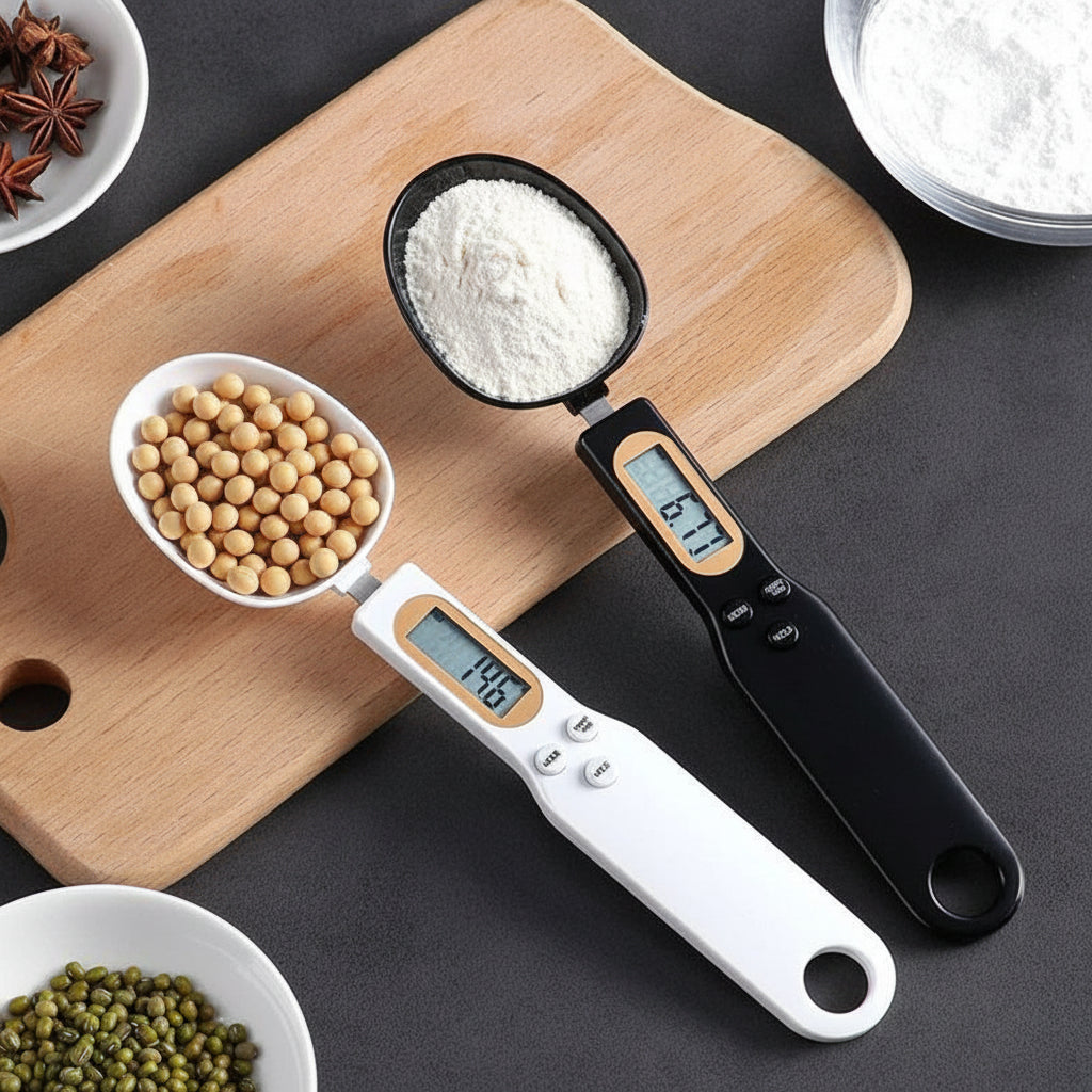 Digital kitchen scale on a wooden cutting board with ingredients