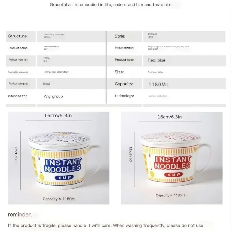 1000ml Ceramic Instant Noodle Bowl with Cover