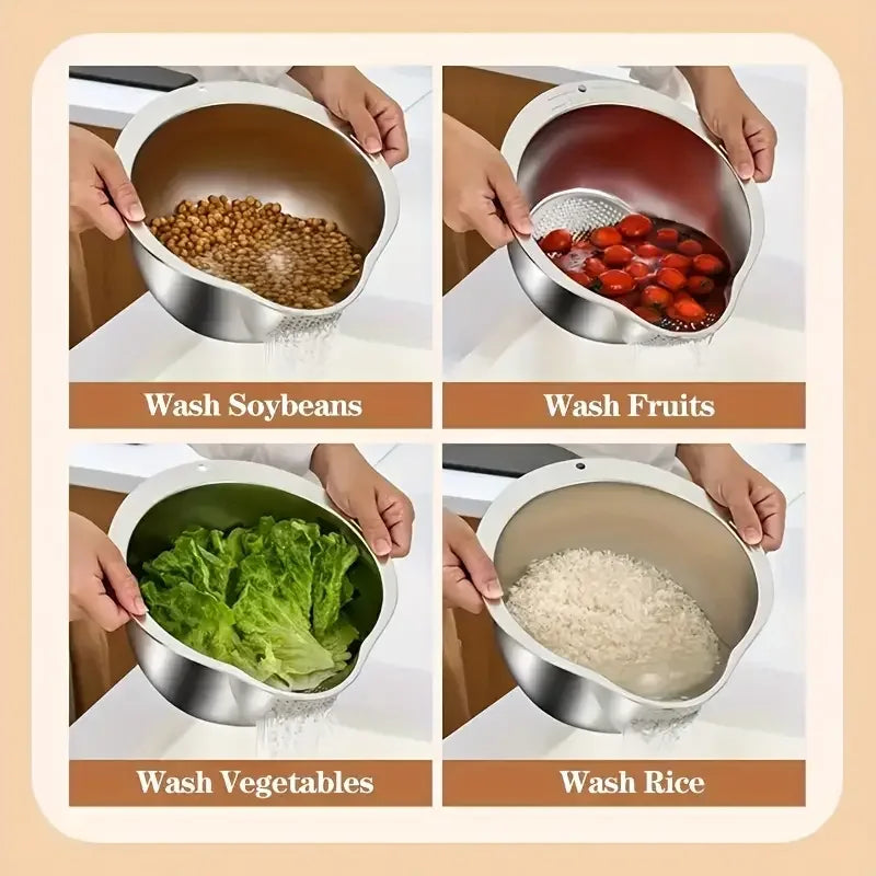 Stainless Steel Rice Washing Bowl & Strainer