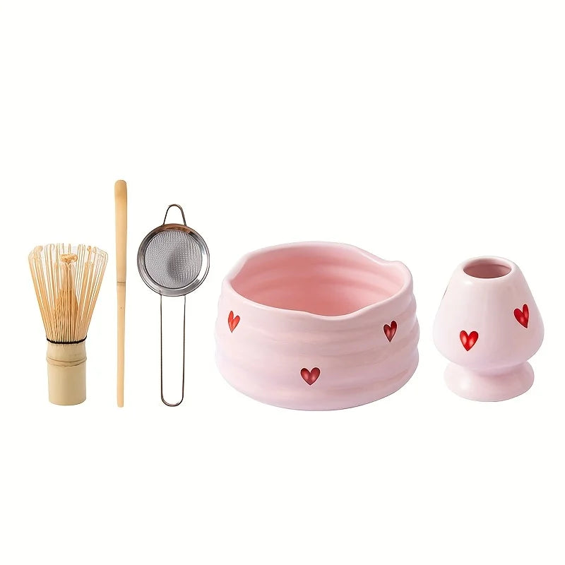 5-Piece Pink Hearts Ceramic Matcha Set