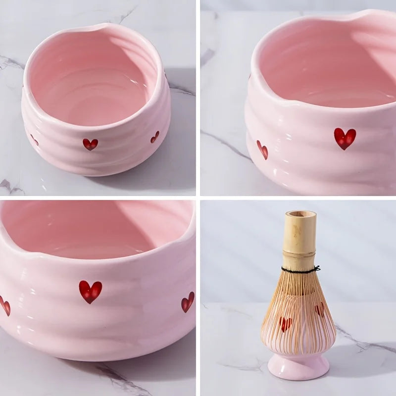 5-Piece Pink Hearts Ceramic Matcha Set