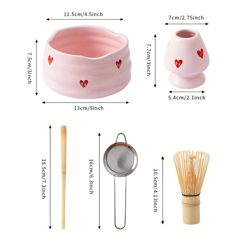 5-Piece Pink Hearts Ceramic Matcha Set