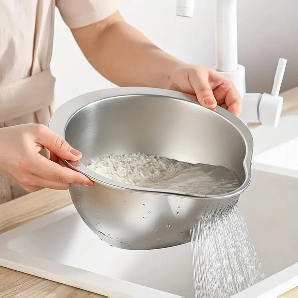Stainless Steel Rice Washing Bowl & Strainer