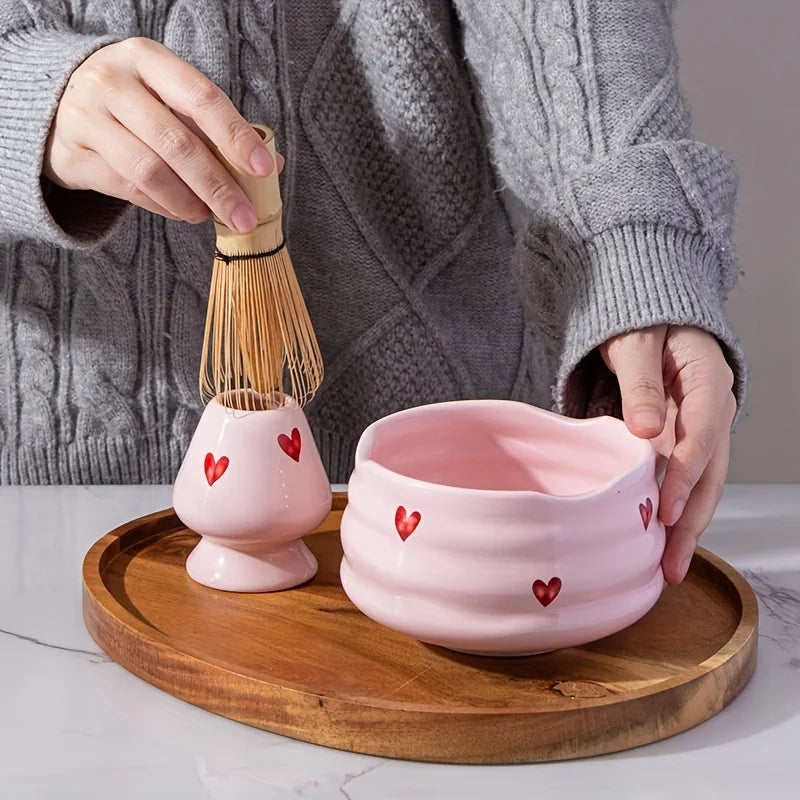 5-Piece Pink Hearts Ceramic Matcha Set