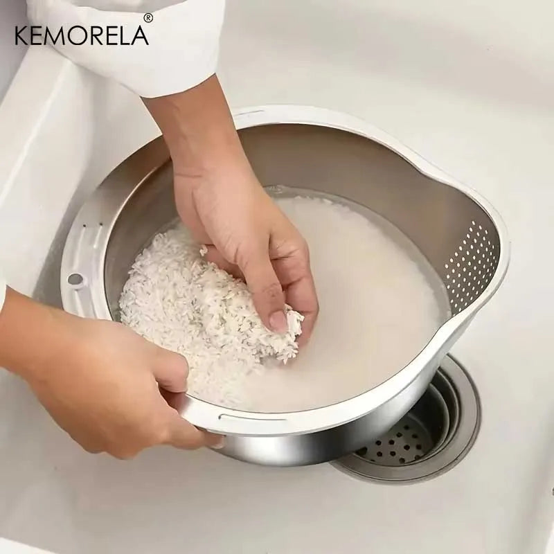 Stainless Steel Rice Washing Bowl & Strainer