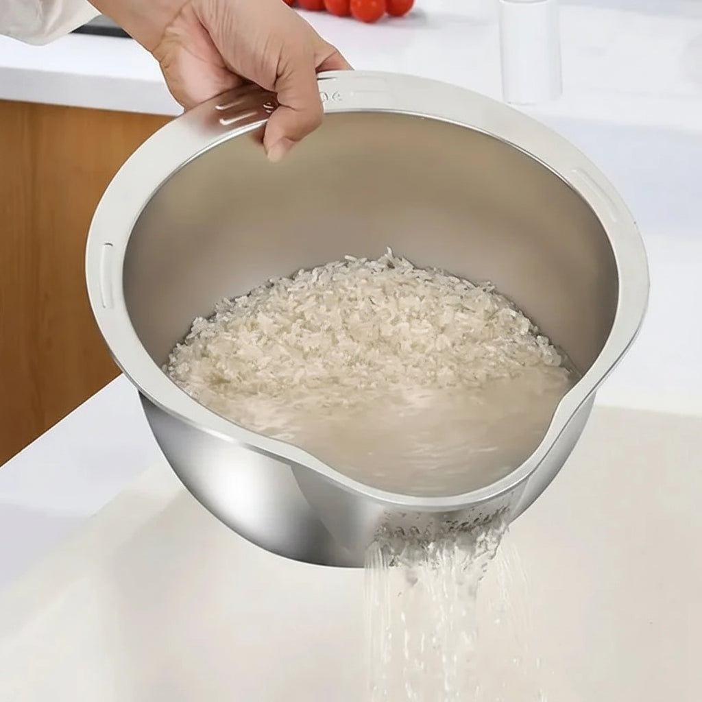 Stainless Steel Rice Washing Bowl & Strainer
